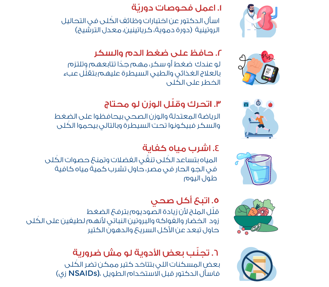 Arabic infographic presenting six tips for protecting kidney health, with each tip accompanied by a colorful illustration on the right side. The recommendations are: Get regular checkups – Ask your doctor about routine kidney function tests such as blood tests, creatinine, and filtration rate measurements (illustrated by a doctor examining a kidney model). Control blood pressure and blood sugar – Proper management of hypertension and diabetes can reduce stress on the kidneys (illustrated by a blood pressure monitor and heart). Exercise and lose weight if needed – Regular physical activity and maintaining a healthy weight help keep blood pressure and blood sugar under control, protecting kidney function (illustrated by a person running on a treadmill). Drink enough water – Staying hydrated helps the kidneys flush waste and may reduce the risk of kidney stones, especially in hot climates (illustrated by a glass of water with splashing droplets). Eat a healthy diet – Limit salt intake, eat more fruits and vegetables, and avoid excessive fast food and fatty foods (illustrated by a bowl of vegetables). Avoid unnecessary medications – Frequent or prolonged use of some painkillers, such as NSAIDs, may harm the kidneys, so consult a doctor before long-term use (illustrated by medication containers crossed out with a prohibition symbol).