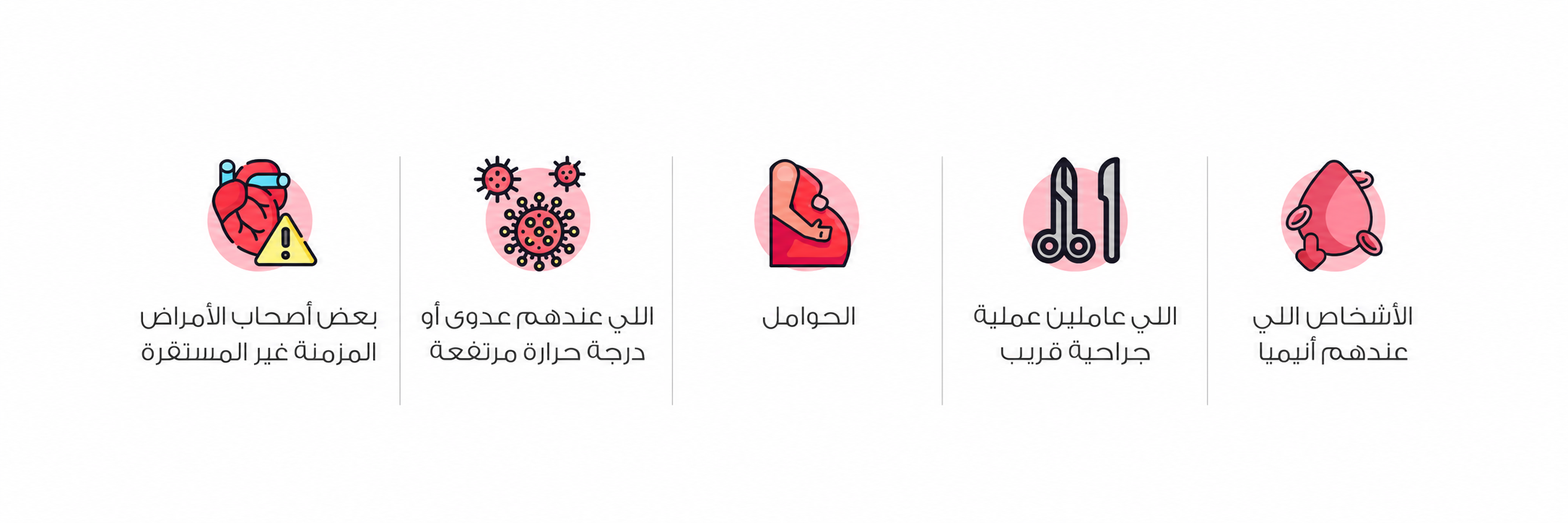 الأشخاص اللي عندهم أنيميا اللي عندهم عدوى أو درجة حرارة مرتفعة الحوامل اللي عاملين عملية جراحية قريب بعض أصحاب الأمراض المزمنة غير المستقرة