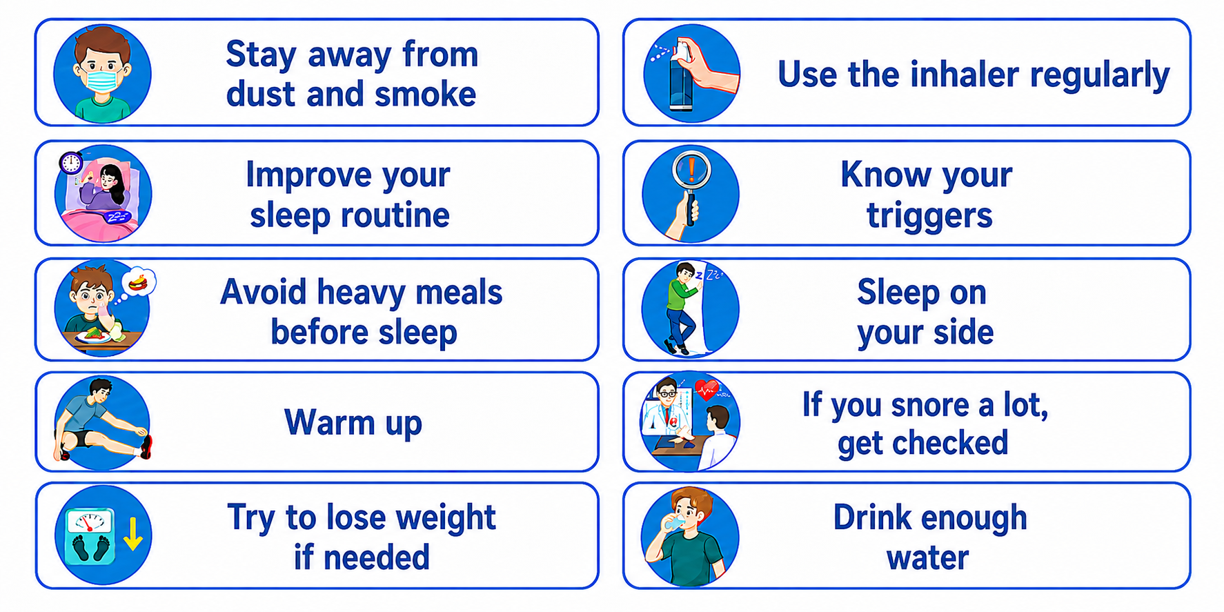 English infographic on a white background showing ten asthma management tips arranged in two columns of rounded blue-outlined boxes. Each tip has a circular icon placed on the left of the text. The tips include staying away from dust and smoke, using the inhaler regularly, improving sleep routine, knowing triggers, avoiding heavy meals before sleep, sleeping on your side, warming up, getting checked if you snore a lot, trying to lose weight if needed, and drinking enough water.