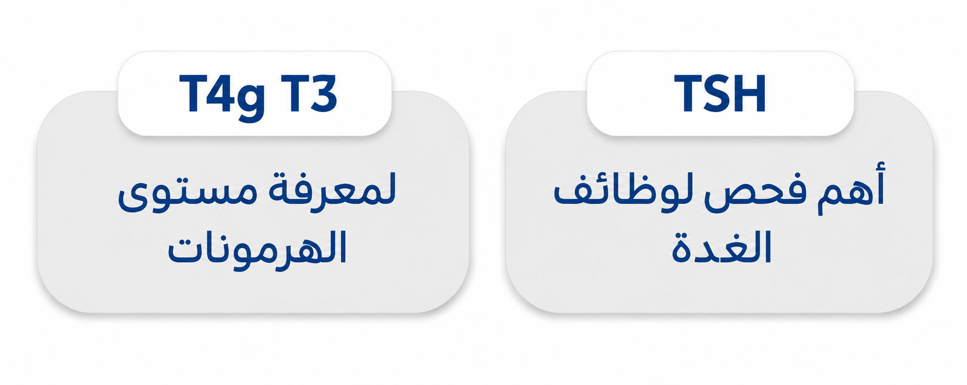 Arabic infographic on a white background showing two rounded gray cards about thyroid blood tests. The left card is labeled “T4g T3” and says it is used to know hormone levels. The right card is labeled “TSH” and says it is the most important test for thyroid function.