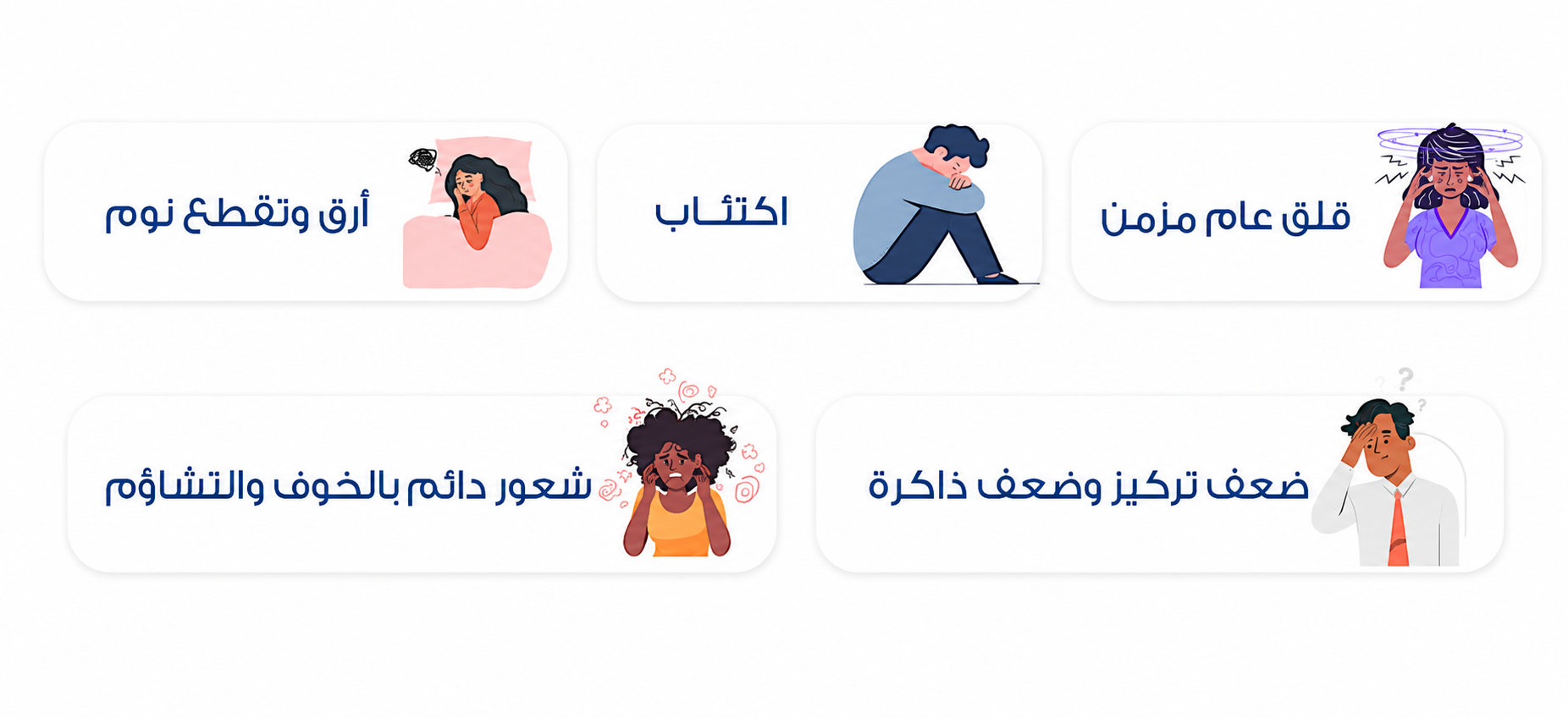Arabic mental health infographic on a white background showing five symptoms in rounded white cards with blue text and small illustrations. The symptoms include insomnia and interrupted sleep, depression, chronic generalized anxiety, constant feelings of fear and pessimism, and poor concentration with weak memory.