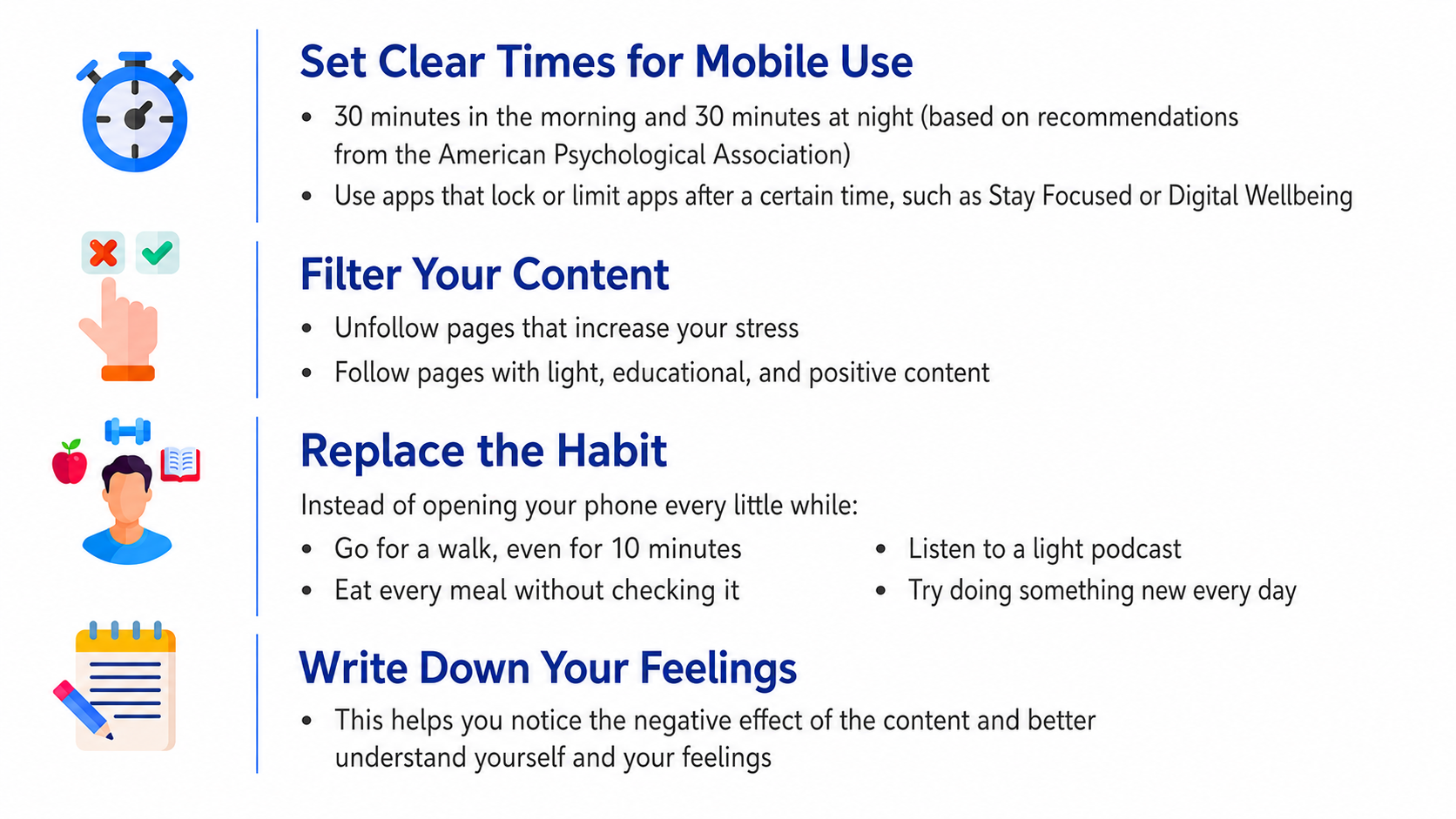 English infographic on a white background giving tips to reduce doom scrolling and improve digital wellbeing. Colorful icons are placed on the left, separated from the text by a vertical blue line. The tips include setting clear times for mobile use, filtering stressful content, replacing the habit with healthier activities, and writing down your feelings.