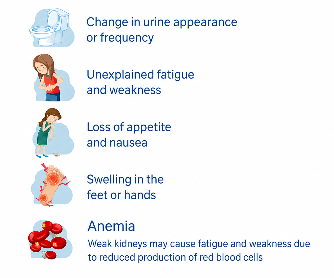 Vertical infographic on a white background showing common symptoms related to kidney issues. Each symptom has an icon placed on the left and blue text on the right. The symptoms listed are: change in urine appearance or frequency, unexplained fatigue and weakness, loss of appetite and nausea, swelling in the feet or hands, and anemia caused by reduced production of red blood cells.