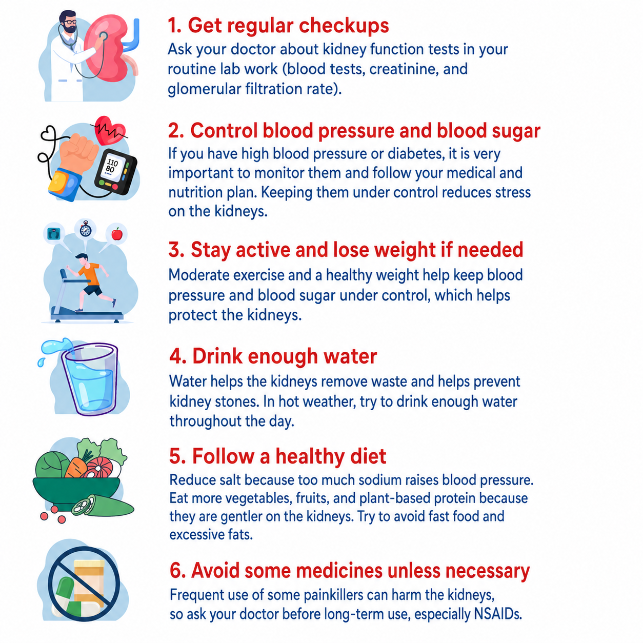 Infographic on a white background showing six kidney health tips, with colorful medical icons placed on the left of each section and English text on the right. The tips are: get regular checkups, control blood pressure and blood sugar, stay active and lose weight if needed, drink enough water, follow a healthy diet, and avoid some medicines unless necessary.