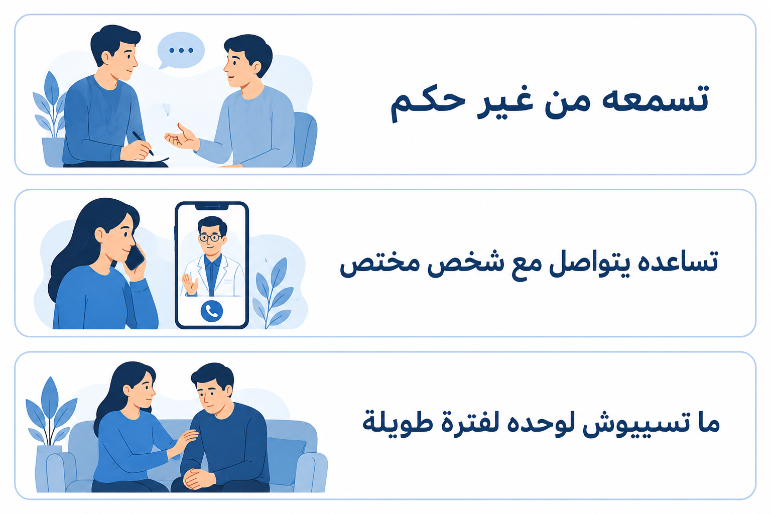 Arabic mental health awareness infographic on a white background with three blue-bordered cards. Each card includes a simple 2D illustration: two people talking calmly, a person calling a specialist through a phone, and someone comforting another person on a couch. The Arabic text says: “تسمعه من غير حكم”، “تساعده يتواصل مع شخص مختص”، “ما تسيبوش لوحده لفترة طويلة”.