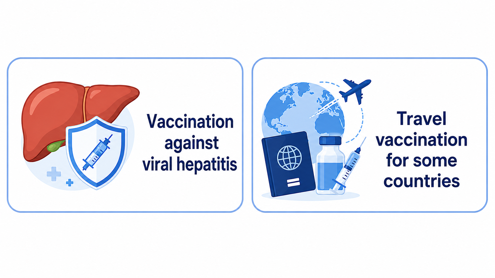 English medical awareness infographic on a white background with two rounded rectangular cards outlined in light blue. The left card shows a liver with a protective shield and syringe icon, with the text “Vaccination against viral hepatitis.” The right card shows travel vaccination elements including a globe, airplane, passport, vaccine bottle, and syringe, with the text “Travel vaccination for some countries.”