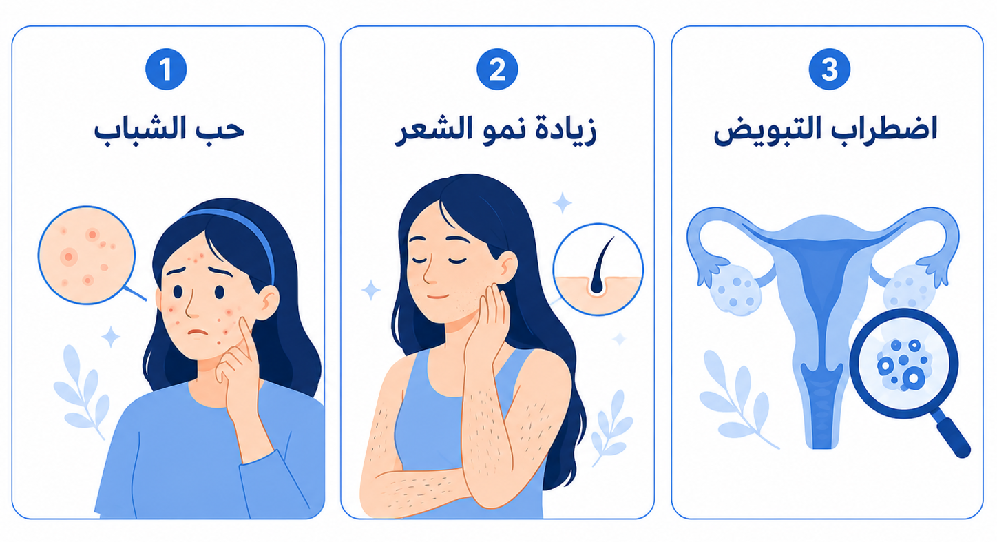 A clean blue-and-white Arabic medical infographic with three symptom cards. The first card shows a girl with acne and the text “حب الشباب”. The second shows a girl with increased body hair and the text “زيادة نمو الشعر”. The third shows a uterus and ovary illustration with a magnifying glass and the text “اضطراب التبويض”.