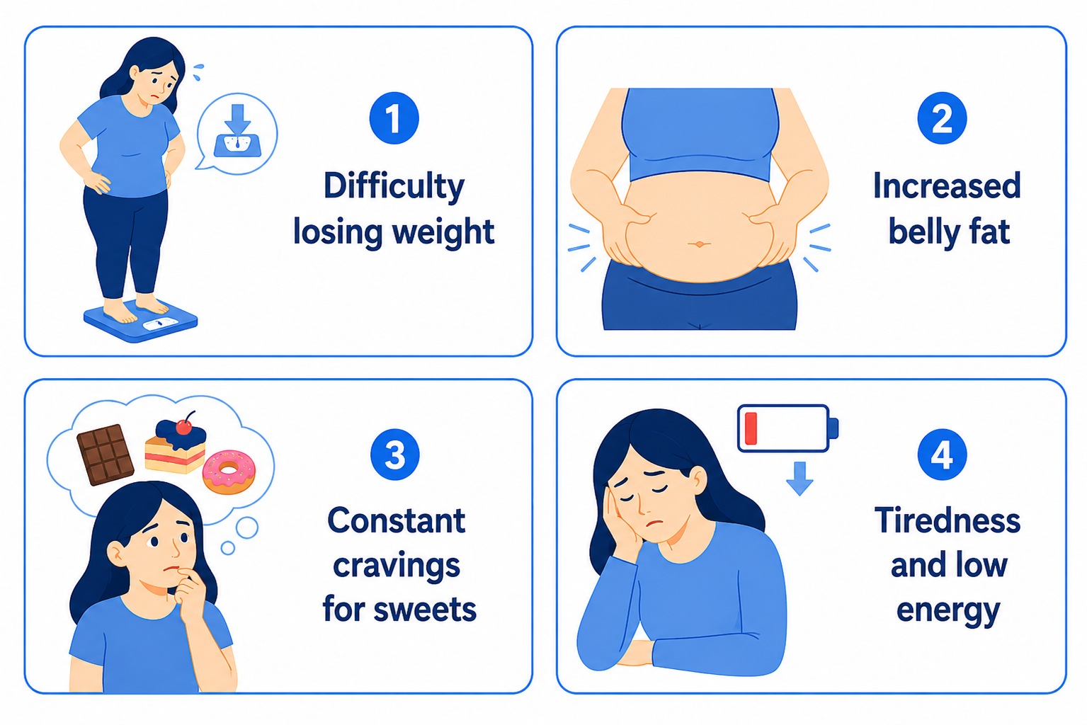 English health infographic on a white background with four rounded rectangular cards outlined in blue. Each card includes a simple blue-toned 2D illustration and bold navy text. The cards show difficulty losing weight with a person standing on a scale, increased belly fat with a close-up of the abdomen, constant cravings for sweets with desserts in a thought bubble, and tiredness with low energy shown by a person resting their head near a low battery icon.