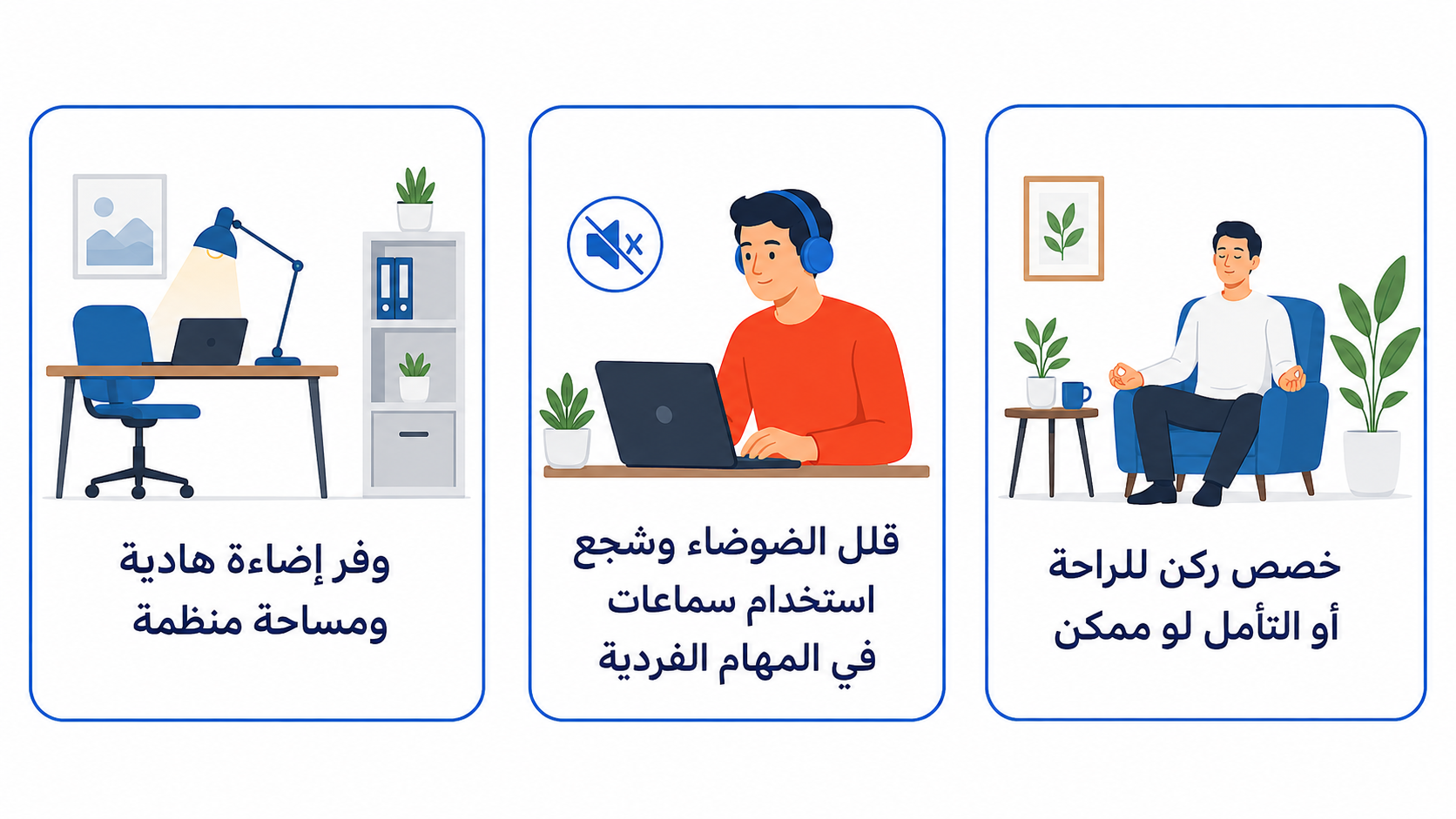 Arabic workplace wellness infographic on a white background with three rounded rectangular cards outlined in blue. Each card includes a flat office illustration and dark navy Arabic text. The tips are to provide calm lighting and an organized space, reduce noise and encourage headphones for individual tasks, and create a rest or meditation corner where possible.