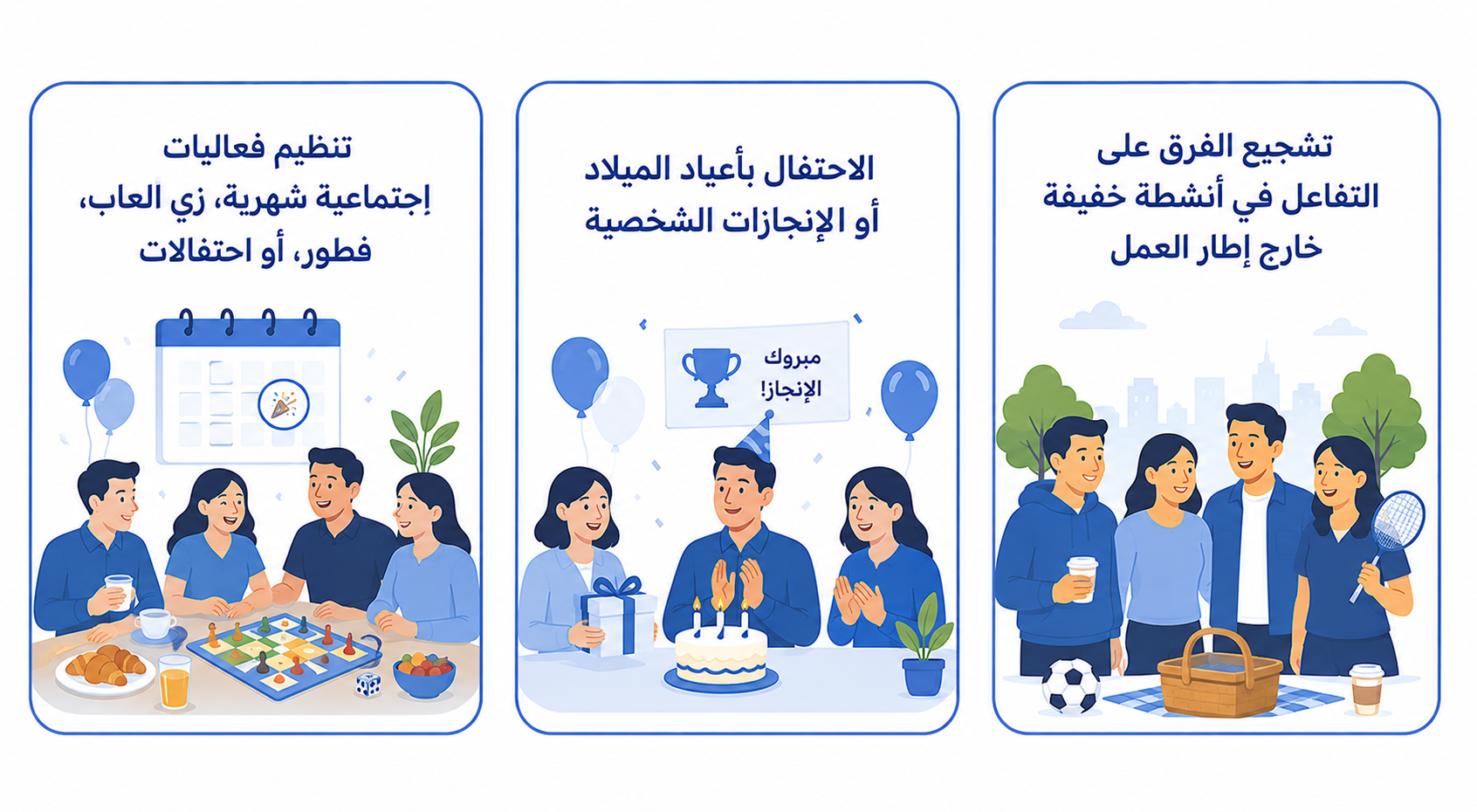 Arabic workplace social engagement infographic on a white background with three rounded rectangular cards outlined in blue. The first card shows employees gathered around a table for a monthly social event with games, breakfast, and celebrations. The second card shows a birthday or personal achievement celebration with a cake, gift, and coworkers applauding. The third card shows a team enjoying light outdoor activities together, encouraging interaction outside the work setting.