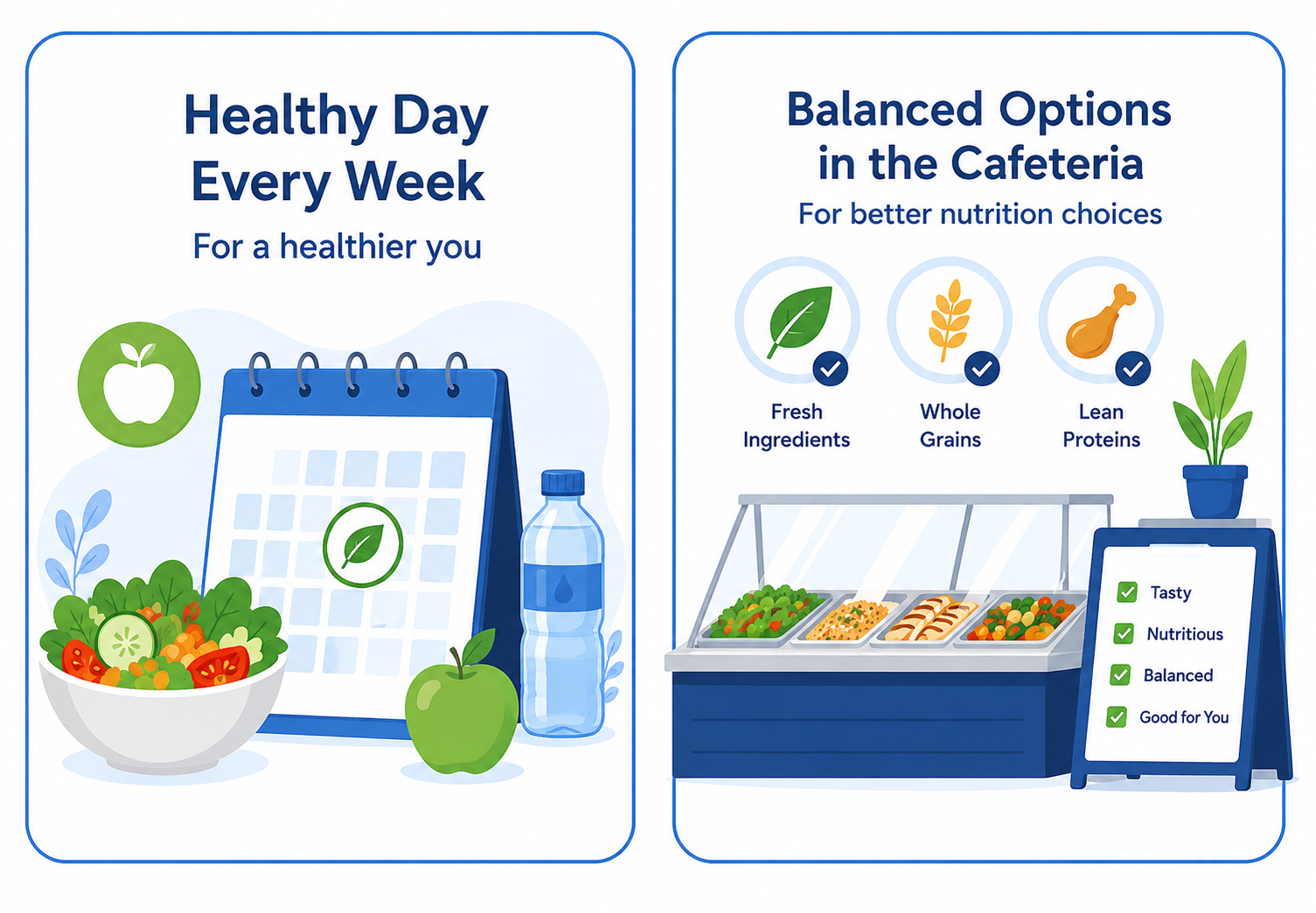 English workplace wellness infographic on a white background with two rounded rectangular cards outlined in blue. The first card promotes a weekly Healthy Day, illustrated with a calendar, salad bowl, apple, and water bottle. The second card promotes balanced cafeteria options, illustrated with a cafeteria food counter and healthy food choices such as fresh ingredients, whole grains, and lean proteins.