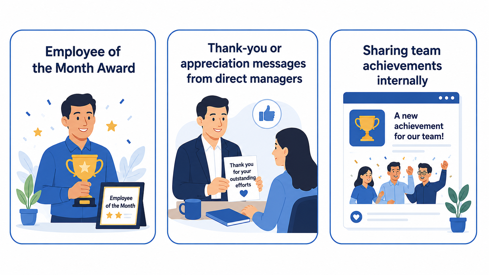 English workplace recognition infographic on a white background with three rounded rectangular cards outlined in blue. The first card shows an employee holding a trophy for the Employee of the Month Award. The second card shows a direct manager giving a thank-you or appreciation message to an employee. The third card shows an internal team achievement post celebrating a new achievement for the team.