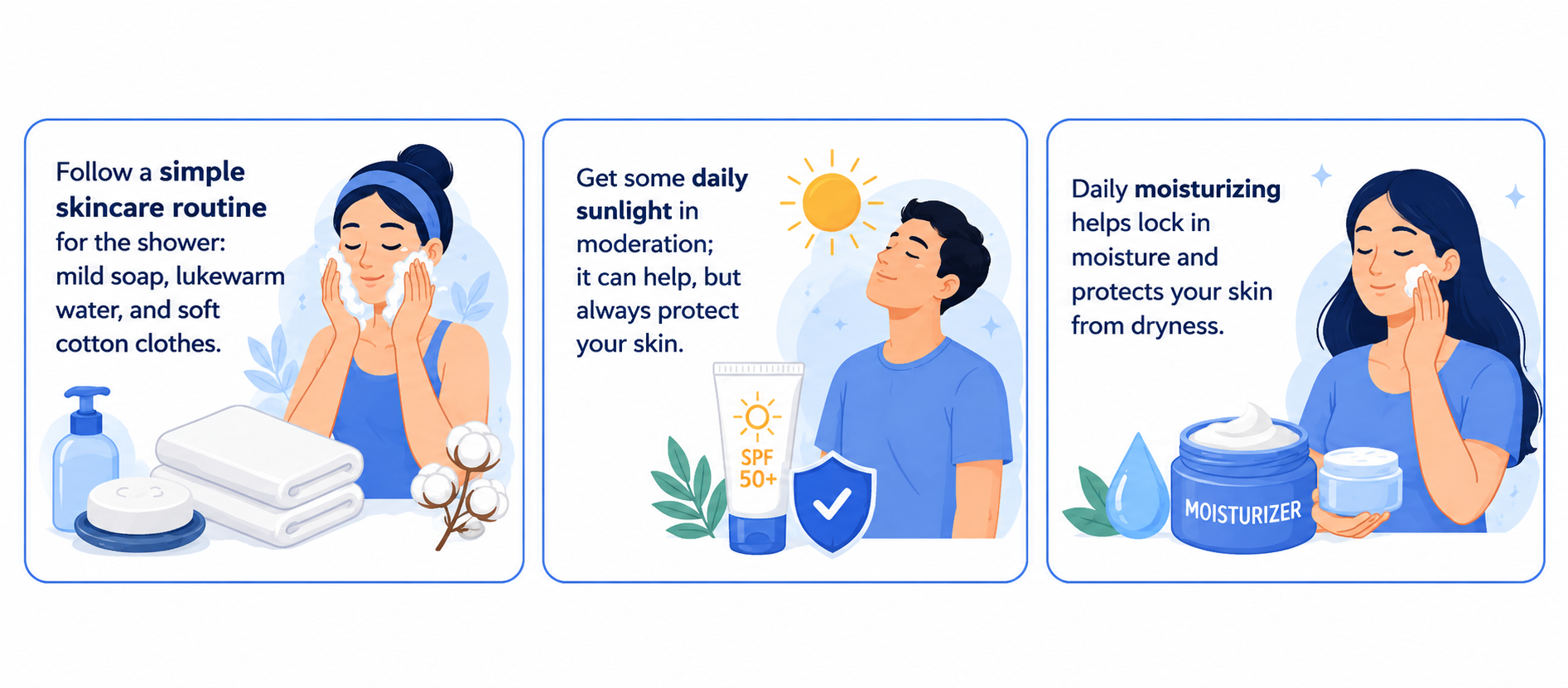 Three-panel skincare infographic showing tips for managing dry or sensitive skin: following a simple shower skincare routine with mild soap, lukewarm water, and cotton clothes; getting moderate daily sunlight with skin protection; and moisturizing daily to lock in moisture and prevent dryness.