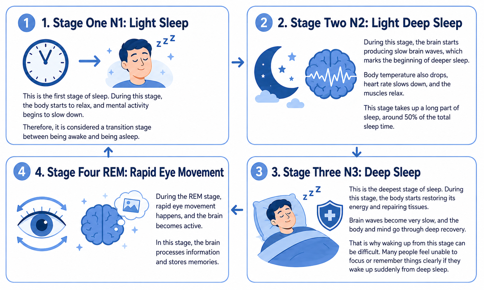 A clean blue-and-white English infographic explaining the four stages of sleep. It includes four connected cards for “Stage One N1: Light Sleep,” “Stage Two N2: Light Deep Sleep,” “Stage Three N3: Deep Sleep,” and “Stage Four REM: Rapid Eye Movement.” Each card has simple sleep-related illustrations, such as a clock, moon, brain waves, a sleeping person, and an eye, with short explanations of what happens during each stage.