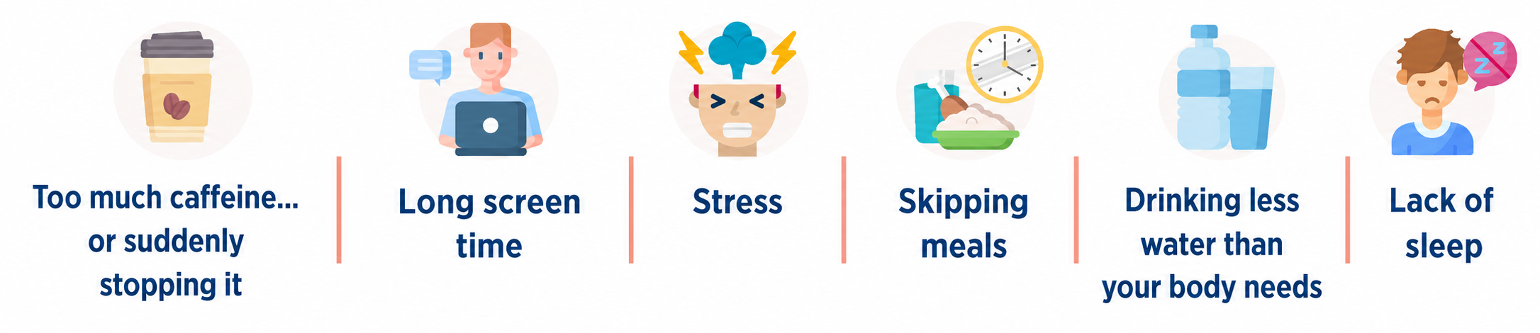 Infographic showing six common headache triggers: too much caffeine or suddenly stopping caffeine, long screen time, stress, skipping meals, drinking less water than your body needs, and lack of sleep.